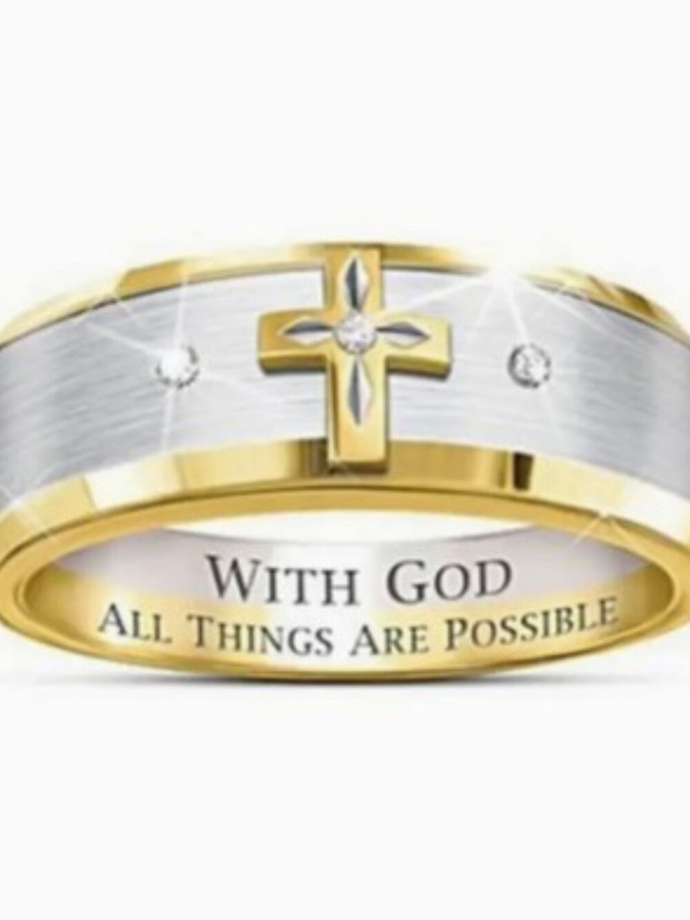 Inspirational Carving Two-color Cross Ring 14K Gold Plated Stainless Steel Sz 10